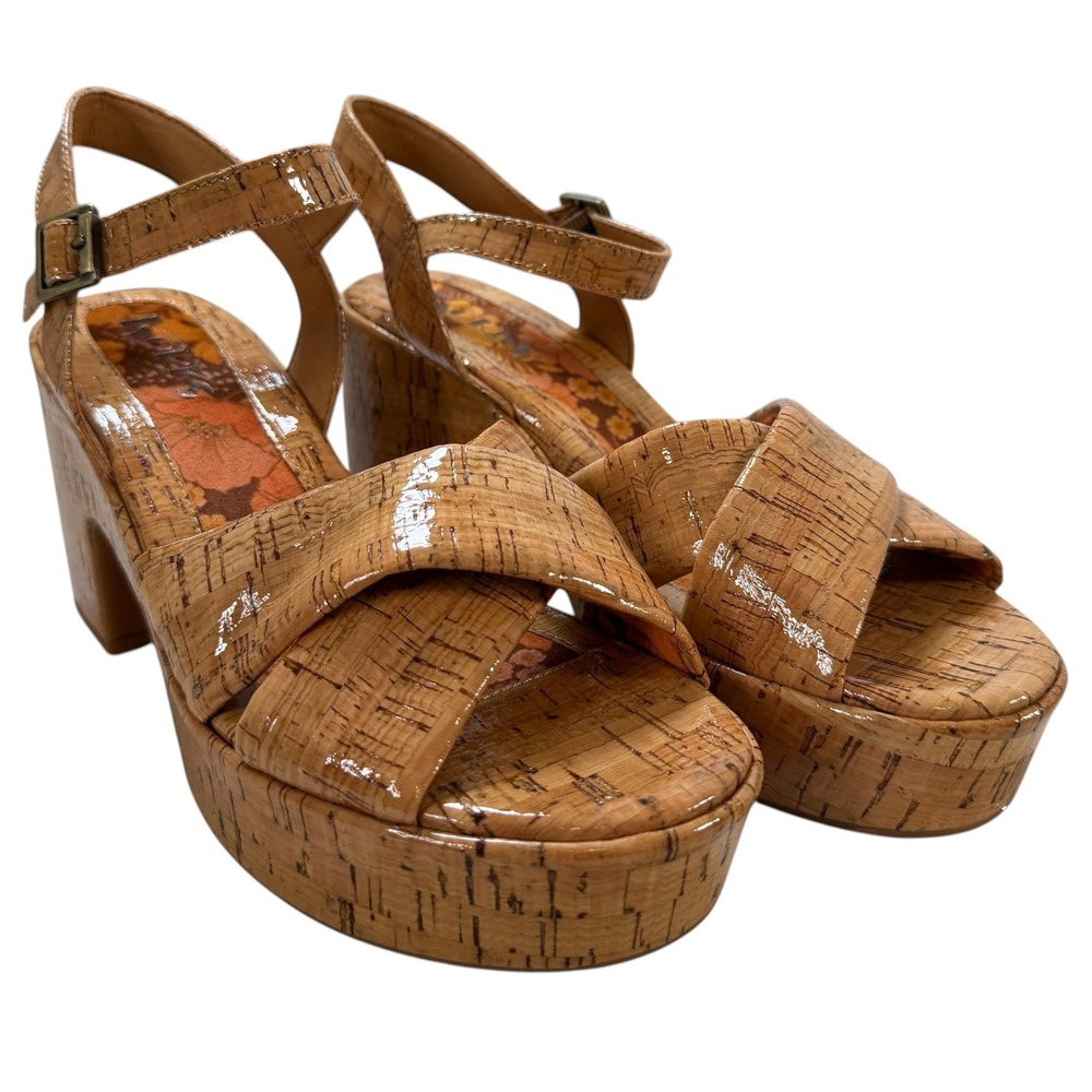 Korks Womens 8M New Cork Platform Block Heel Calda Comfort Sandals Tan Boho